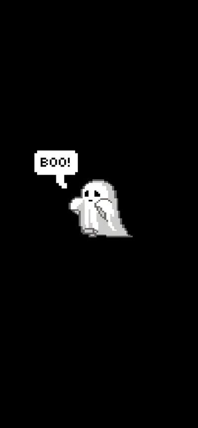 an old - school video game with the words boo written on it and ghost floating in the air Cute Halloween Black Halloween Decoration Ideas, Black And White Ghost Art, Pixel Ghost With Boo Text,