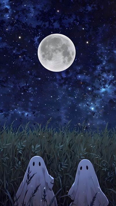 two ghost statues sitting in the grass under a full moon and stars filled night sky Blue Halloween Aesthetic Ghostly Night Sky, Iphone Ghost, Ghost Iphone, Ghost For Phone,