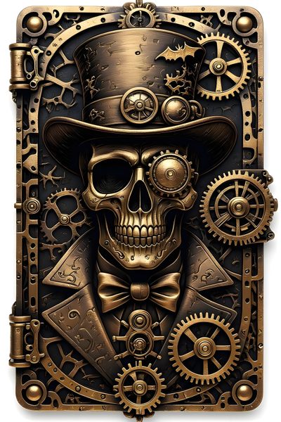 a skull wearing a top hat and bow tie with gears on it's face Halloween Steampunk Vintage Steampunk, Steampunk Skull Drawing, Steampunk Gears On Leather Background, dark olive green