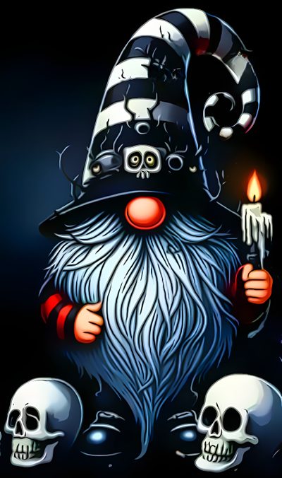 an image of a wizard holding a candle and skulls on the ground in front of him Halloween Gnomes 4 Halloween Gnome Ideas, Halloween Gnome Tattoo, Sugar Skull Gnome, Gnome Skull, black