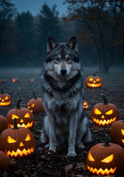a wolf sitting in front of pumpkins with carved faces on it's face Therian Halloween Autumn Wolf, Halloween Animals Aesthetic, Fall Wolf, Spooky Wolf, dark slate gray