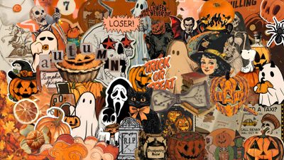 a collage of halloween stickers and pumpkins Halloweencore Computer Backgrounds Halloween, Halloween Chromebook, Halloween Macbook, Ipad Halloween, sienna