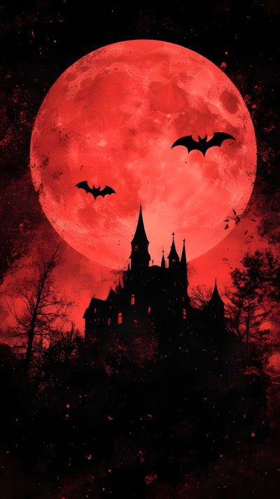 a red full moon over a castle with bats Red Halloween Iphone Dracula Theme, Vampire Halloween Background, Moon Vampire, Gothic Moon Vampire, black