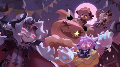 several cartoon characters are standing in front of a full moon and stars filled night sky Cookie Run Kingdom Halloween Crk Loading Screen Art, Cookie Run Ipad, Cookie Run Kingdom Ipad, dim gray