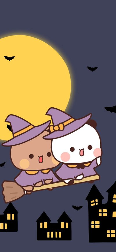two cats dressed as witches flying in front of a full moon Bubu Dudu Halloween Bubu Dudu Halloween, Milk & Mocha, Halloween, Animated Gif, Pretty, dark slate gray
