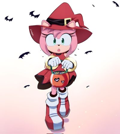 an image of a cartoon character dressed as a cat with a pumpkin in her hand Amy Rose Halloween Amy Rose Halloween Costume, Amy Rose Skeleton, Sonic And Amy Halloween, lavender blush