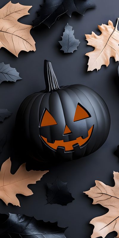 a pumpkin surrounded by leaves on a black background Halloween Apple Halloween Apple, Modern Halloween, Halloween Ipad Hd, dark slate gray