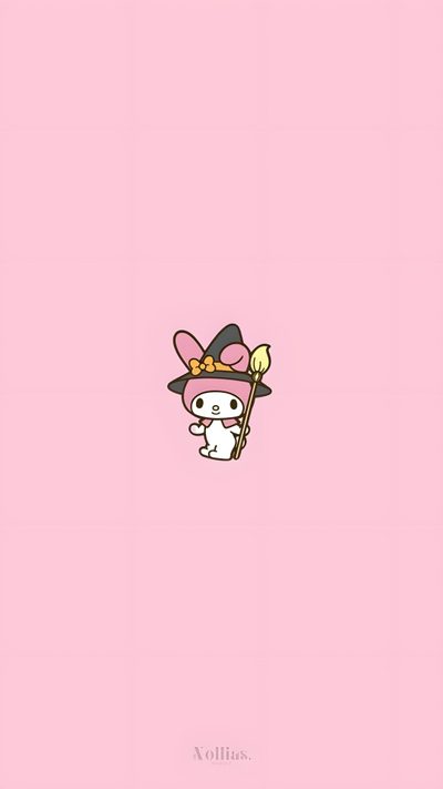 a pink background with an animal wearing a hat and holding a stick in it's hand My Melody Halloween My Melody On The Phone, Spooky Sanrio, My Melody Fall, My Melody Halloween, pink