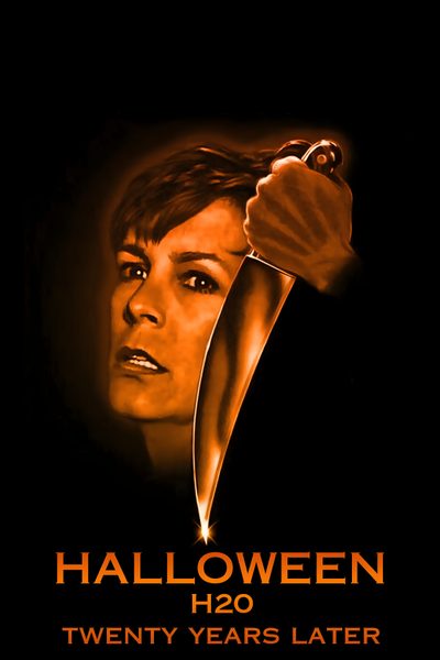 a movie poster for halloween with a woman holding a knife Halloween H20 Halloween H20 Movie Poster, Halloween H20 Movie, Halloween 5 Jamie Lloyd, black
