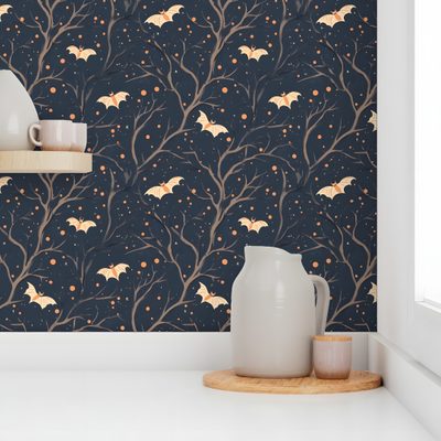 a wallpaper with bats and leaves on it Halloween Bat For Bedroom Bat, For Wall, Folk Art Flowers, Halloween Bats, Statement, Boho, dim gray