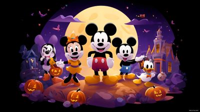 mickey mouse and friends in front of a full moon Mickey Mouse Halloween 4k Background Mickey Minnie Halloween, Disney Halloween Pc, Disney Halloween Laptop, black