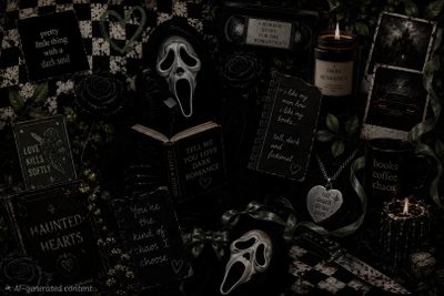 a collection of halloween themed items including candles, books and masks are arranged on a wall Halloween Spooky Grunge Custom Grunge Macbook, black