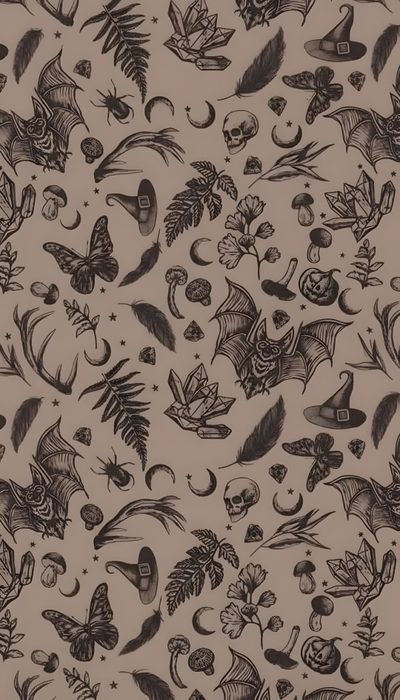 an old - fashioned pattern with many different things on it Halloween Botanical Spooky Scrapbook Paper, Witchy Summer Background, Repeat Print Pattern, gray