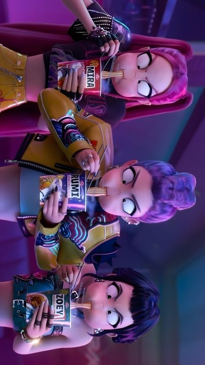 three animated women standing next to each other Kpdh Halloween Kpop Demon Hunters Picture, Kpop Demon Hunters Girls, Romy, dark slate gray