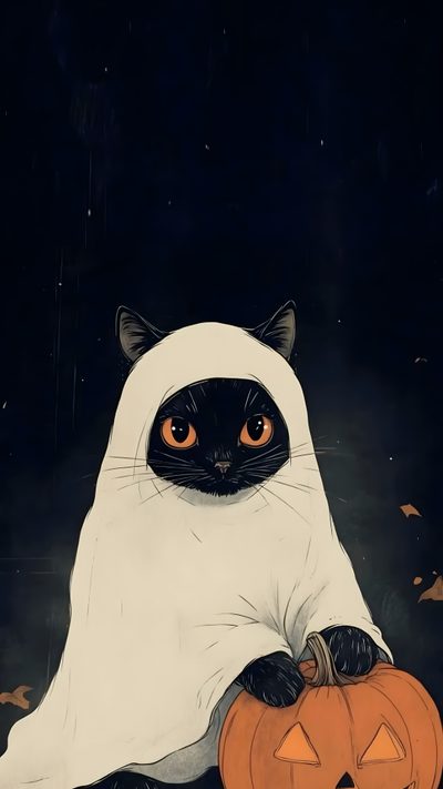 a black and white cat in a ghost costume holding a jack - o'- lantern Halloween Cat Phone Halloween Cat Aesthetic, Halloween Black Cat, Black Cat Halloween, Cat Halloween,