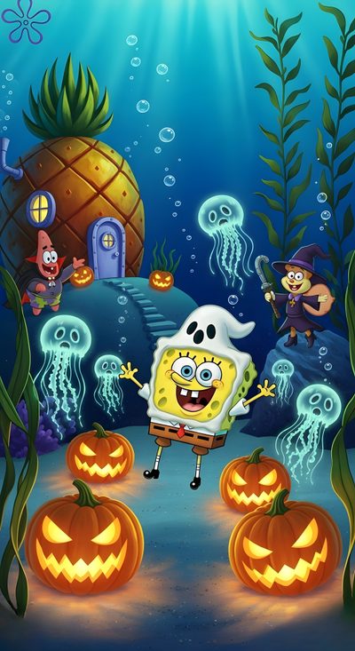 spongebob and his pumpkins under the sea with other characters in the background Spongebob Squarepants Halloween Fall Spongebob, Halloween Spongebob, Spooky Spongebob, dark slate gray