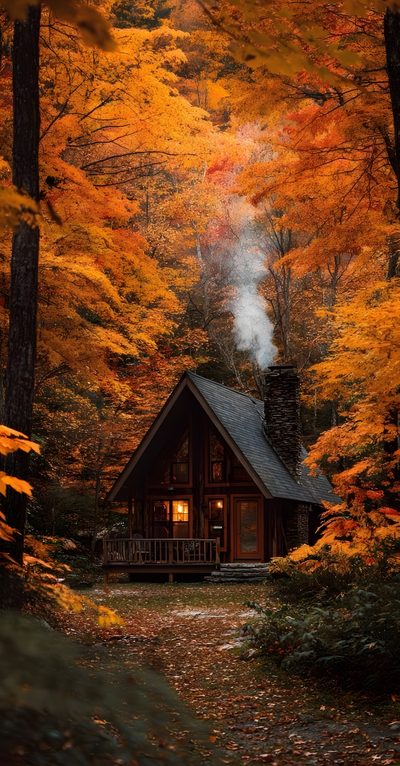 Autumn Homes, Autumn Cottage Aesthetic, Fall Ambience Wallpaper, Autumn Outdoors, Autumn Cabin Aesthetic, Cabin Cottage House, Autumn Aesthetic House, Cozy Fall Forest, Fall Scenes Halloween Forest House Autumn Homes, Autumn Cottage Aesthetic, Fall Ambience, Autumn Outdoors, saddle brown