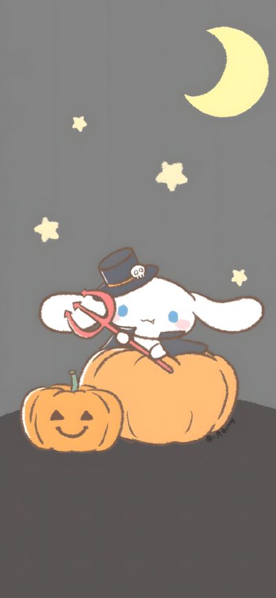 a dog is sitting on top of two pumpkins in front of the moon and stars Kawaii Cinnamoroll Halloween Cinnamoroll Fall, Cinnamoroll Halloween, Cinnamoroll In A Pumpkin, gray