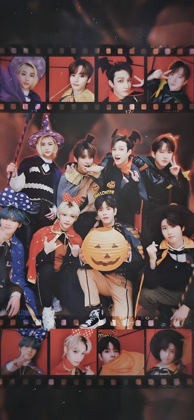 the group is posing for pictures together in front of a red background with black and white squares Straykids Halloween Skz Thanksgiving, Stray Kids Thanksgiving, Stray Kids Fall, Fall Skz, dark slate gray