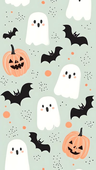 a green background with white ghost and black bats on it's face, surrounded by orange pumpkins Halloween Iphone 13 Inspiration, Halloween Iphone Backgrounds, Halloween Backgrounds, gainsboro