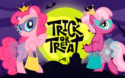 two pinkie ponies standing next to each other in front of a full moon My Little Pony Halloween Applejack Halloween, My Little Pony Halloween Background, Rarity Halloween, dim gray