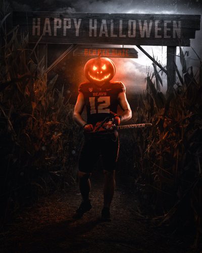 a man holding a baseball bat in front of a sign that says happy halloween on it Cool Halloween Football Halloween Football Banner Ideas, Halloween Themed Football Posters, Halloween Football Posters, black