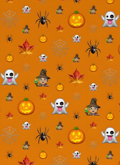 an orange halloween wallpaper with pumpkins, jack - o'- lanterns and ghost faces Halloween Emoji Fall Halloween Emojis, Halloween Emoji, Fall Emoji, chocolate