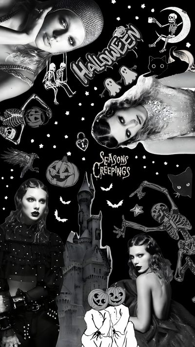black and white collage with halloween images in the background, including two women dressed as witches Halloween Taylor Swift Taylor Swift Halloween Aesthetic, Halloween Taylor Swift, Taylor Swift Halloween, black