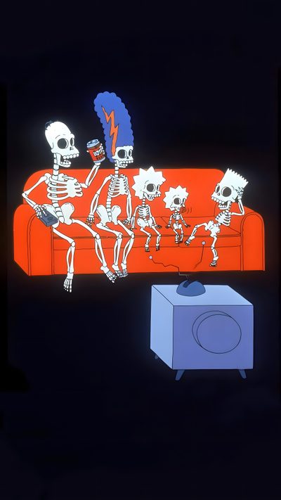 the skeleton family is sitting on an orange couch Simpsons Halloween 4k Halloween Simpsons, The Simpsons Halloween, Simpsons Halloween, Evil Disney, black