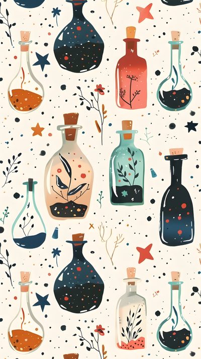 an image of bottles with plants and stars in them on a white background that is seamless Halloween Potion Potion Bottle Ideas, Witch Potion Bottle, Witch Potion, Potion Bottle, linen