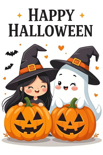 two kids dressed up as witches and pumpkins with the words happy halloween on them Happy Halloween 2025 Halloween Day Wishes, Happy Halloween Wishes, Cute Happy Halloween Images, white smoke