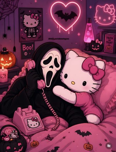 a hello kitty character laying in bed with a ghost Pink Hello Kitty Halloween Pink Horror, Hello Kitty Art, Iphone Cute, Iphone, Hello Kitty, Kitty, brown