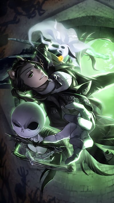 an image of a woman holding a skull in her hand with green light coming from behind Twisted Wonderland Halloween Twisted Wonderland Anime Background, Twisted Wonderland Anime Background Phone, Twisted Wonderland Anime Character, dark slate gray