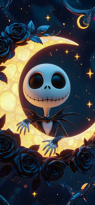 a cartoon character sitting on the moon with roses in front of it and stars all around Disney Halloween Apple Watch Nightmare Before Christmas Tattoo, Dessins Sympas, Halloween Cute, dark slate gray