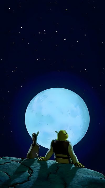 two people sitting on top of a rock looking at the moon Halloween Shrek Shrek Movie, Shrek Background, Shrek The Musical, Donkey And Shrek, Shrek Backgrounds, black