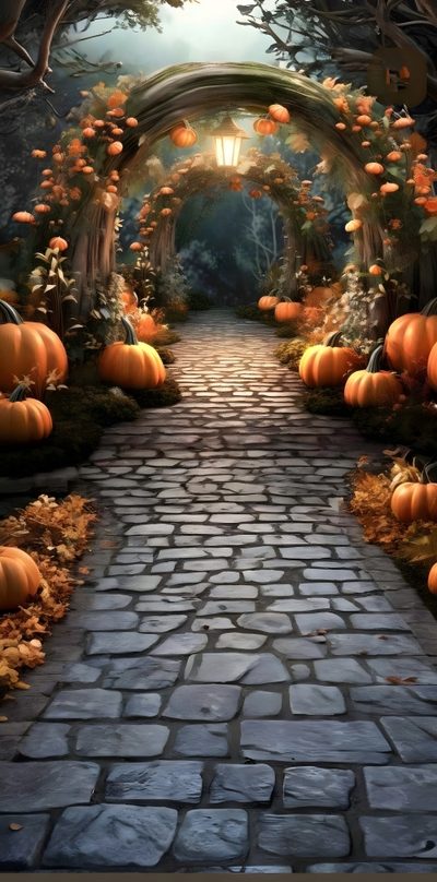 a pathway that has pumpkins on it Halloween Pumpkin Path Halloween Nature, Pumpkin Patch Background, Beautiful Fall Scenery With Pumpkins, dark olive green