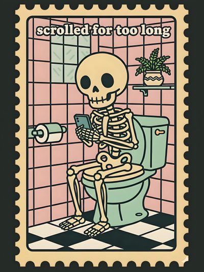a postage stamp with a skeleton sitting on a toilet and looking at a cell phone Halloween Bathroom Funny Bathroom Signs, Scary Halloween Decorations, Witchcraft Spell Books, dark gray