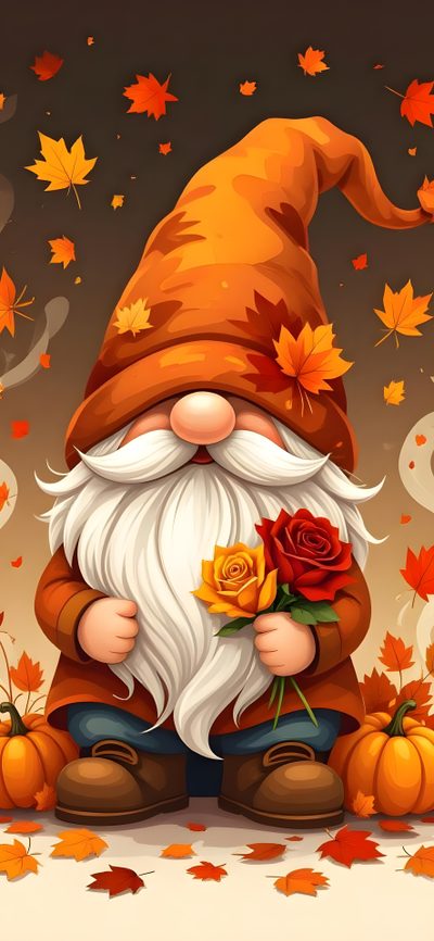 an image of a gnome with flowers and pumpkins in the fall leaves behind him Halloween Gnomes Gnome, Autumn Phone, Gnome Pictures, Image Halloween, Halloween Backgrounds, sienna