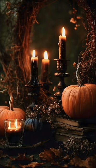 pumpkins and candles are sitting on the ground Rustic Halloween Samhain, Fantasy Reads, Autumn Night, Halloween Images, City Garden, Witchy Vibes, black