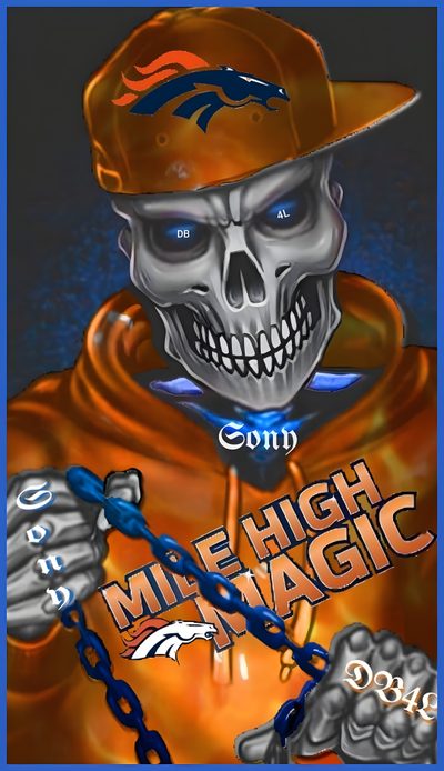 an image of a skeleton wearing a football helmet and holding a chain around his neck Denver Broncos Halloween Denver Broncos Tattoo, Denver Broncos Art, Denver Broncos, Broncos, dark olive green
