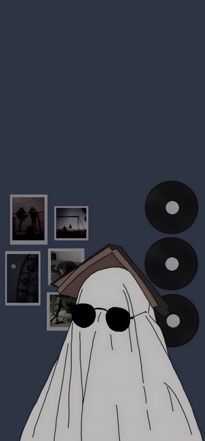 an image of a ghost with sunglasses on his head and pictures above him in the background Halloween 2023 Edgy, Cool Art, Anime Scenery, Halloween, Cute Simple, Halloween Cute, dark slate gray