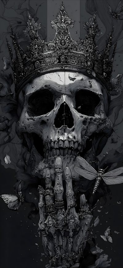a skull with a crown on its head Halloween Thorny Skulls Warm Gray Grey Skull, Owl And Skull, Skull With Wings, Dark Floral Skull, black