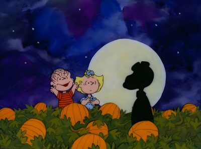 two children are standing in the middle of a field with pumpkins and moon behind them Charlie Brown Halloween Laptop Top 10 Halloween Movies, Charlie Brown Cartoon, Its The Great Pumpkin Charlie Brown, dark slate gray