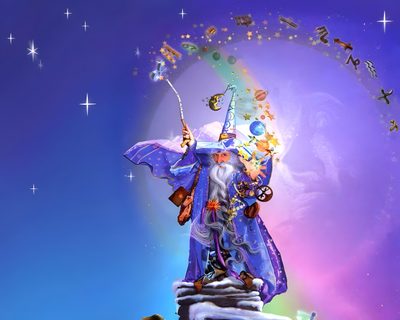 a wizard standing on top of a rock in the middle of a night time scene Merlin Wizard Halloween Rainbow Purple Merlin Wizard Halloween Rainbow Purple, Merlin The Wizard Microsoft, Wizard Birthday Gif, slate blue
