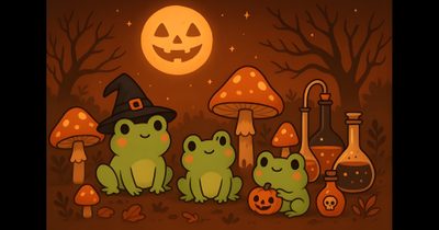 three green frogs are sitting in front of halloween decorations and pumpkins with a full moon behind them Frog Halloween Kawaii Frog Pumpkin Carving, Frog Halloween, Halloween Frog Gif, Frog In Pumpkin, maroon