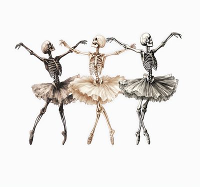 three skeleton dancers are dancing together with their arms in the air and one is wearing a tutu skirt Halloween Ballerina Dancing Skeleton Art, Ballerina Skeleton Tattoo, Ballet Halloween, white smoke
