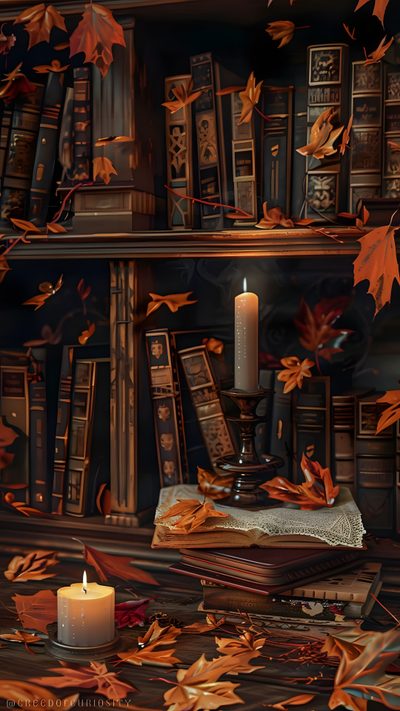 a lit candle sitting on top of a pile of books next to a book shelf filled with books Iphone Halloween Book Fall Book Aesthetic, Fall And Books, Retro Fall Aesthetic, Fall Book Iphone, black