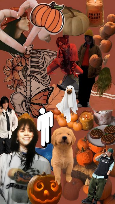 a collage of people, pumpkins and other halloween related items are featured in this image Billie Eilish Halloween Billie Eilish Autumn Aesthetic, Billie Eilish Pumpkin Painting, Billie Eilish Fall, sienna