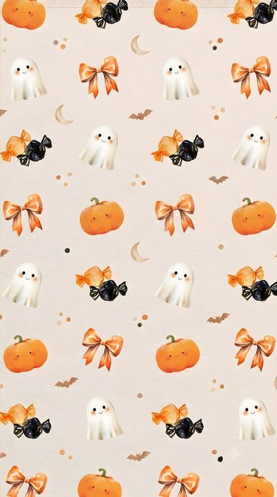 an orange and white halloween themed wallpaper with ghost, pumpkins, and bats Halloween Custom By Tinydesigns Diy Halloween Decorations, Digital, Halloween Diy, Lock Screen, antique white