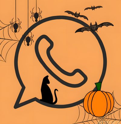 a cat sitting in front of a phone with bats and pumpkins on the background Halloween App Icons Halloween Icons Aesthetic, Whatsapp Halloween Logo, Halloween Whatsapp, sandy brown